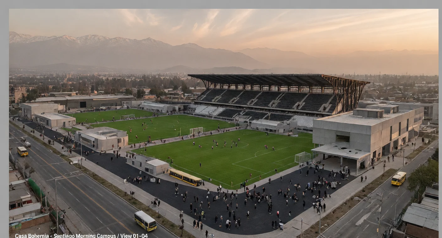 Visualización conceptual aérea del estadio y las canchas de entrenamiento